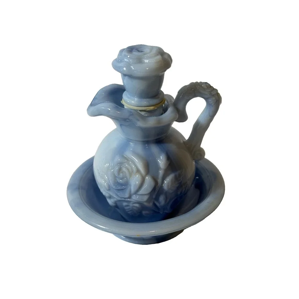 Avon Victoriana Blue Slag Glass Pitcher and Soap Dish 1978 Embossed Rose Design